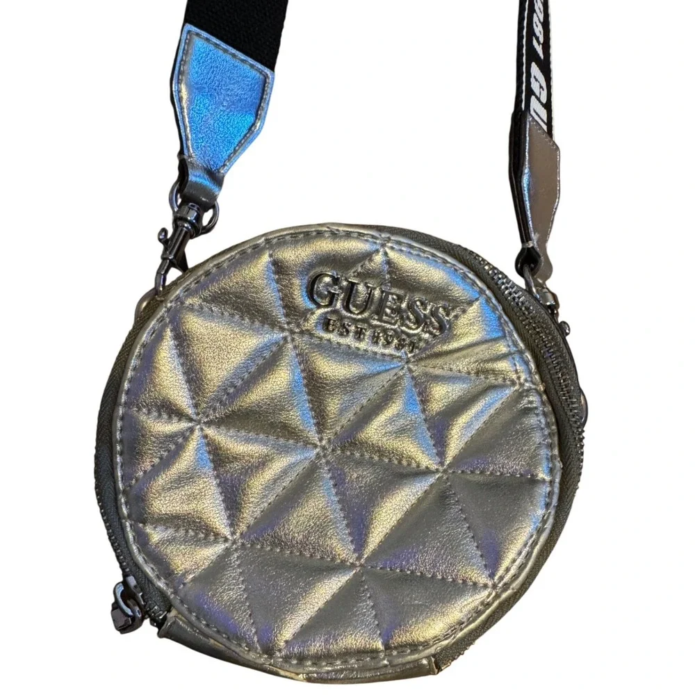 Guess Laiken Mini Round Crossbody Bag Quilted Metallic Design  adjustable‎ strap
